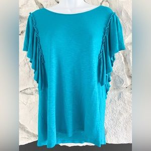 a.n.a. | Women’s Teal Blue Top With Ruffled Sleeves, Size Large